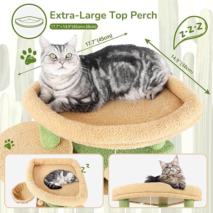 Globlazer Cactus Corner Cat Tree Tower for Large Cat, 66inch Tall Large Cat Tree Condo for Multiple Indoor Cats with 6 Scratching Posts, 2 Spacious Cat Condos, Soft Hammock, Hanging Basket, C66, Green