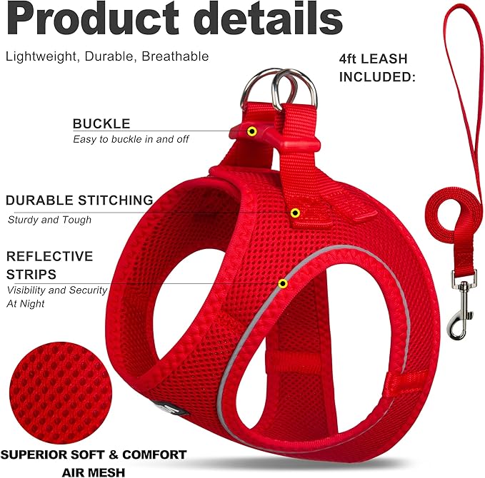Fida Comfy Dog Harness with Leash, Soft Puppy Vest Escape Proof, Breathable Lightweight Soft Mesh, Adjustable Reflective Step-in Harness for Cat & Extra-Small Pet (XS, Red)