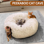 Cat Tunnel with Cat Bed for Indoor Cats, Soft Plush Peekaboo Cat Cave Donut Tunnel, Multifunctional Playground Toys Hideplace for Small Medium Large Kittens, Rabbit, Ferret (Cream White)