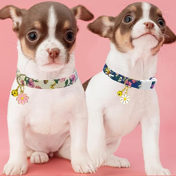2 Pack Cotton Breakaway Cat Collars Set with Bell and Flower Pendant, Cute Floral Fruit Patterned, Adjustable 7.5-11Inch, Include A Mouse Toy Gift