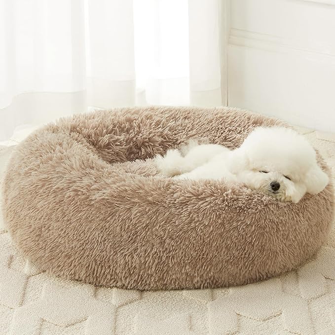 WNPETHOME Calming Dog Bed Cat Bed Donut, Faux Fur Pet Bed Self-Warming Donut Cuddler, Comfortable Round Plush Dog Beds (30 x 30 x 10 Inch, Brown)