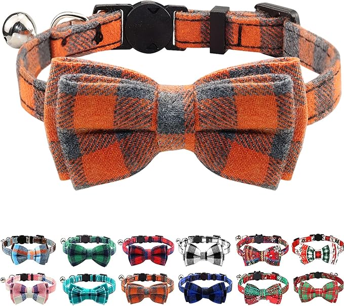 Joytale Upgraded Cat Collar with Bells, Breakaway Cat Collars with Bow Tie, 1 Pack Girl Boy Safety Plaid Kitten Collars, Orange