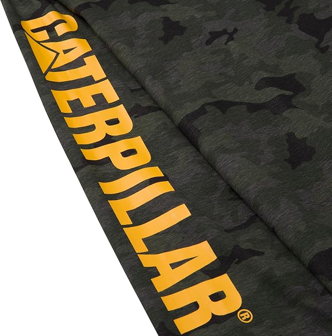 Caterpillar Trademark Banner Long Sleeve Tee Shirts for Men with Center Back Neck Wire Management Loop and Cat Workwear Logo