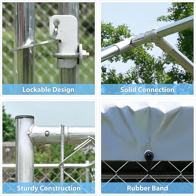 HITTITE Extra Large Outdoor Dog Kennel, Anti-Rust Dog Kennel Outside with Roof, Galvanized Chain Link Dog Runs for Outside with Waterproof UV-Resistant Cover and Secure Lock