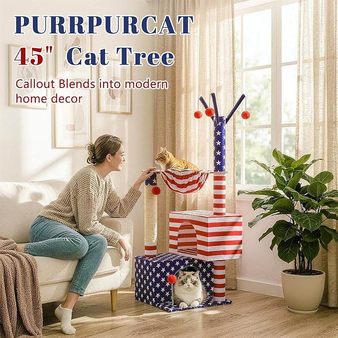 American Flag Cat Tree for Kittens & Senior Cats, 45” Stable Cat Tower Corner Fit, Patriotic Star & Stripes Cat House for Small Spaces with 2 Condos, Hammock & Reinforced Scratching Posts