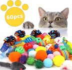 Kitten Toys, 60PCS Cat Balls Springs Toy Set, Cat Mouse Toy, Kitten Sparkle Crinkle Balls Furry Soft Pom Pom