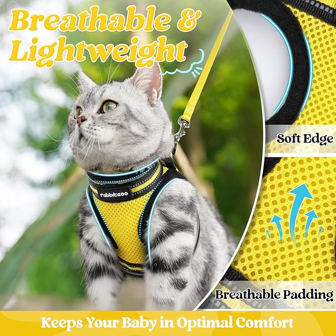 rabbitgoo Cat Harness and Leash Set for Walking Escape Proof, Adjustable Soft Kittens Vest with Reflective Strip for Cats, Comfortable Outdoor Vest, Bright Yellow, S