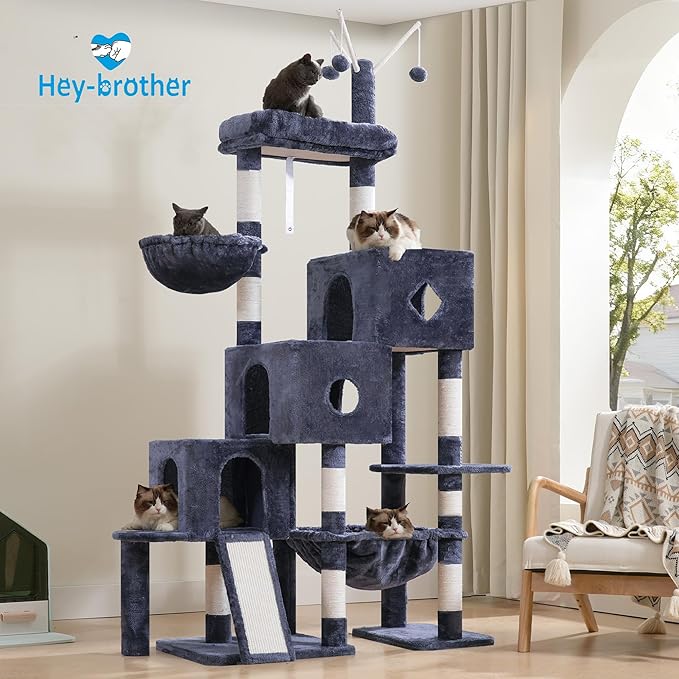 Hey-brother Cat Tree Tower, Scratching Posts with 3 Condos, Large Basket, Cozy Bed, Sisal Board, Step-by-Step Climbing Pathway and Toys, 74.8 inches Furniture for Big Indoor Cats, Smoky Gray MPJ081G