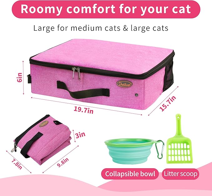 Deblue Portable Cat Travel Litter Box in Car, Collapsible Cat Litter Carrier with Lid, Waterproof Foldable Litter Box for Outdoor Fit for Large Cats, Leak-Proof, Sturdy, Lightweight-Pink
