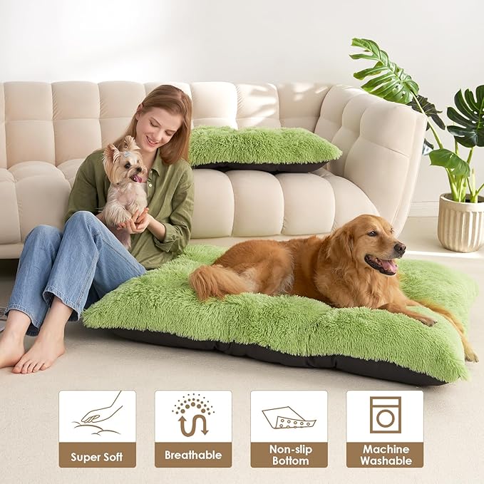EHEYCIGA Fluffy XXL Dog Crate Pad, Plush Faux Fur Crate Bed for Extra Large Dogs, Calming Anti Anxiety XXL Dog Bed, Washable Warm Mat with Non-Slip Bottom, Green