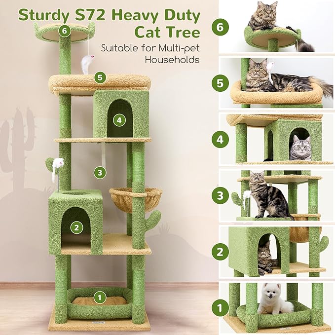 Globlazer Heavy Duty Cactus Cat Tree for Large Cats, Sturdy 72in Maine Coon Cat Tree for Large 20 lbs+ Cactus Cat Tower for Adult Biggest Cats with 6 Scratching Posts, Hammock, S72, Green