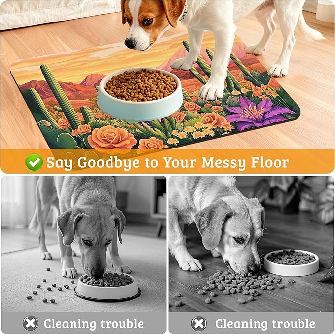 Pet Feeding Mat,Cactus Absorbent Dog Cat Food Mat Desert Dog Mat with Rubber Backing,Non-Slip Water Bowl Placemat,Pet Supplies 12" x 20"