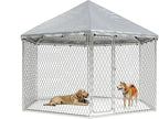 6.8x6.8 FT Outdoor Dog Kennel Outside Heavy Duty Dog Enclosure with Waterproof Cover and Security Lock, Galvanized Wire Mesh Hexagonal Large Dog Kennel(81x81x95.3IN)