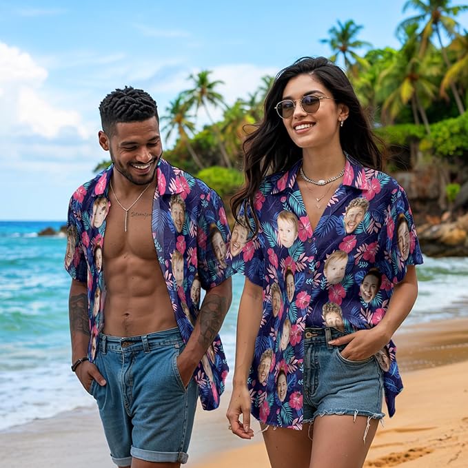 Custom Hawaiian Shirt with Face for Men, Unisex Tropical Beach Shirts Personalized Casual Funny Hawaii Button Down Shirts