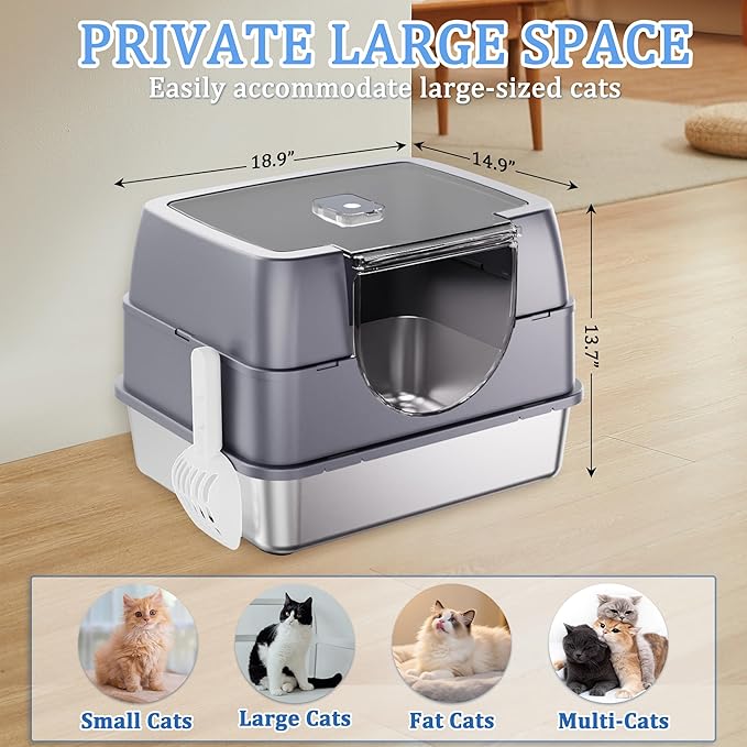 Enclosed Cat Litter Box with Flip-Top Lid, Stainless Steel Large Covered Litter Box, High Sided Metal Litter Pan with Litter Scoop & Mat, Odor Control, Leak Proof, Easy Cleaning, White