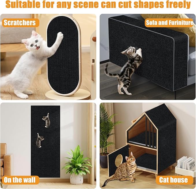 Cat Scratching mat Self-Adhesive, Trimmable Furniture Protector for Couch, Sofa, Wall & Cat Trees - Durable Scratch Pad with Nano Tape, DIY Climbing Carpet for Indoor Cats (Black, 23.6"x15.8")