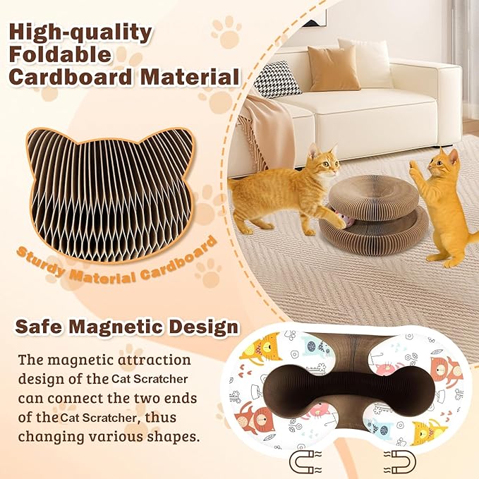 Interactive Cardboard Cat Toys,Cat Scratching Board with A Ball,Shape Shifting Accordion Cat Scratcher Toys with Different Shapes,Magic Kitten Scratcher Pads for Indoor