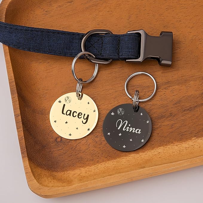 Anavia Small Size Dog Cat ID Tags, Small/XS Personalized Color Plated Stainless Steel Puppy Kitten Name Tags, Customized Engraved Nameplate Pet Collar Tag (Gold, Round)