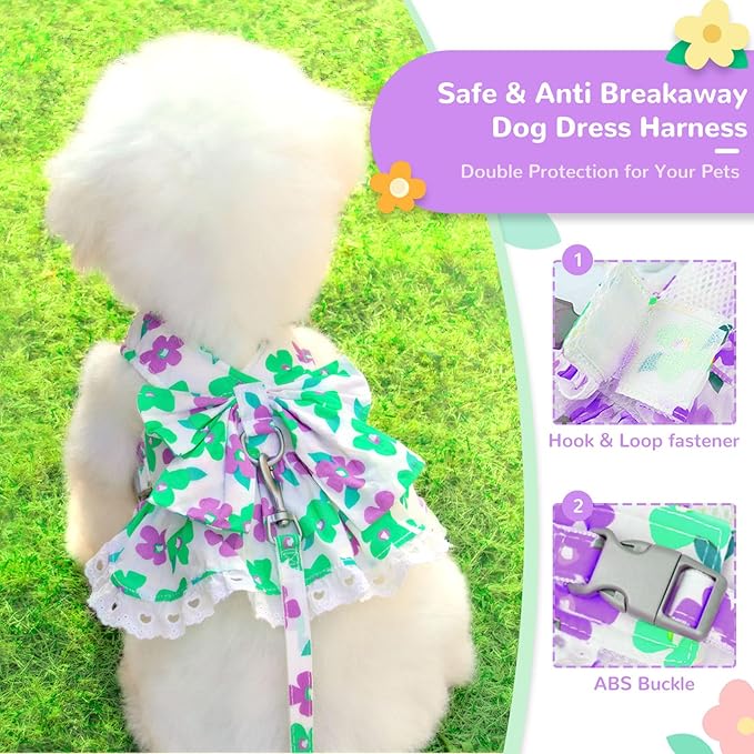 Dog Harness Dress Leash Set for Small Dog Summer Clothes Girl Female Puppy Cats Outfits Cute Floral Bowknot Princess Birthday Dress for Extra Small Pet Doggie Kitten Outfits Apparel(Green,L)