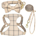 Beirui Cute Extra Small Dog Harness Collar and Leash Set with Bowtie, Soft Adjustable Plaid Puppy Harness for Small Sized Dogs Cats Walks Parties and Photoshoots(Beige,XXS:Chest 12-14")