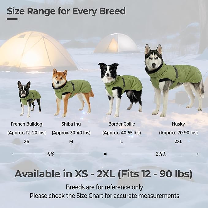 Dog Winter Coat, Warm Puffer Jacket with Fur-Safe Buckle & Leash Hole for Cold Weather, Water-Repellent Snow Vest, Breathable Thermal Apparel for Hiking & Active Dogs (Green, Small)