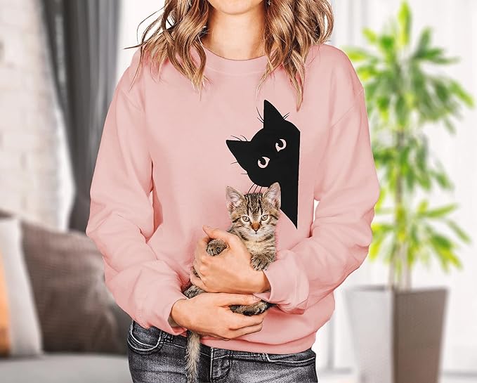 FRYAID Cat Sweatshirt Women Funny Black Cat Graphic Sweater Casual Cat Crewneck Holiday Long Sleeve Hoodie Pullover Top