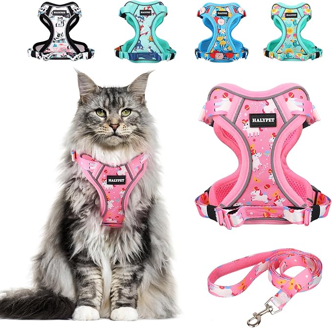 Halypet Cat Harness and Leash Set[MAX Safety 4th-Gen] Cute Escape Proof Vest Harness for Girl&Boy Cat Walking, Comfortable Adjustable Leash and Reflective Strips for Outdoor Kitten, M Pink Unicorn