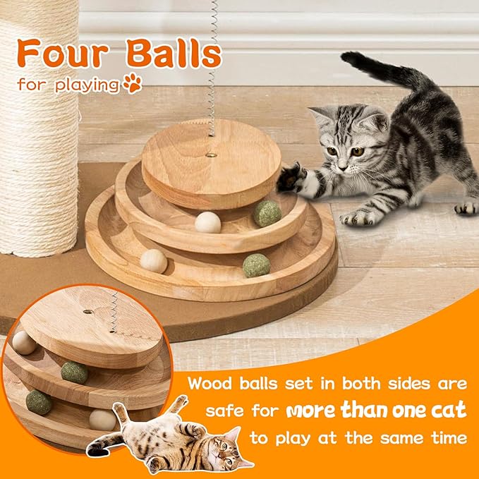 Natural Wood Modern Cat Tree with Top Cats Bed, Unique Cute Cats Furniture Activity Centre with Sisal Rope Scratching Posts, Cats Tower Condo with Interactive Cat Toy Tree