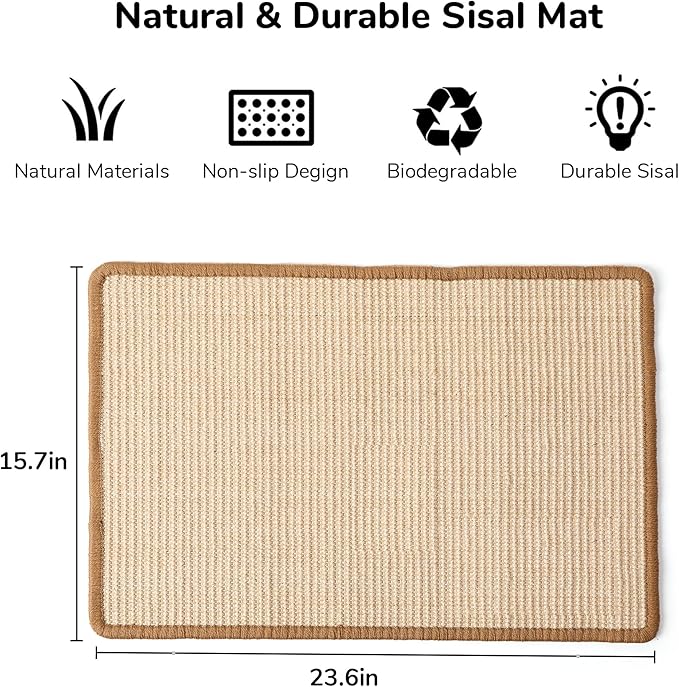 FUKUMARU Cat Scratcher Mat, 23.6 X 15.7 Inch Natural Sisal Cat Scratch Mats, Horizontal Cat Floor Scratching Pad Rug with Sticky Tapes, Protect Sofa and Carpet