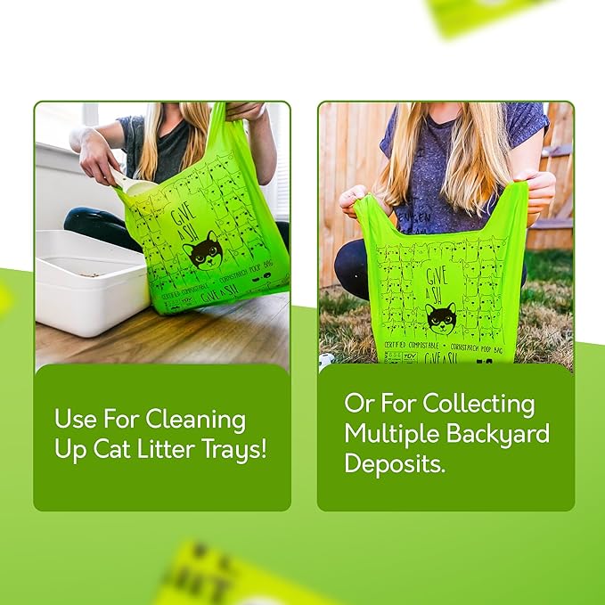 Certified Home Compostable Cat Litter Bags For Poop - 10% to Charity - Cornstarch-Based - For Cleaning Up Litter Trays - NF T51-800 Compliant - 60 Extra Large Disposable Bags