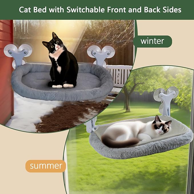 Cat Window Perch with 6 Strong Suction Cups,Mats That can be Switched Between Winter and Summer, Foldable Cordless Cat Beds Can Bear 50LBS Weight (White)