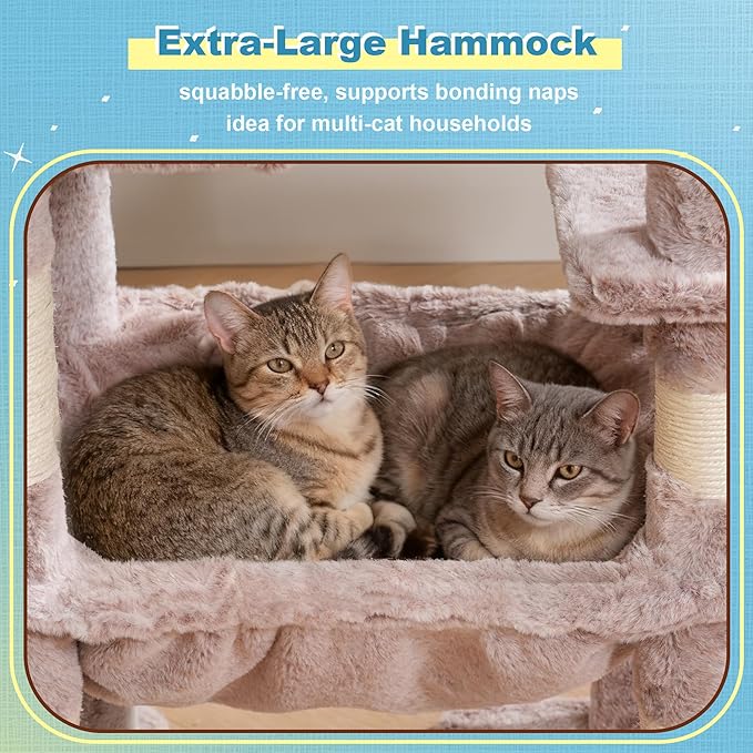 Hey-brother Cat Tree Tower, Scratching Posts with 3 Condos, Large Basket, Cozy Bed, Sisal Board, Step-by-Step Climbing Pathway and Toys, 74.8 inches Furniture for Big Indoor Cats, Muchroom MPJ081MU