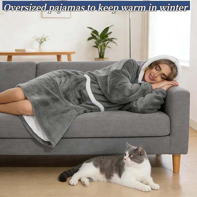 Wearable Blanket Hoodie with Giant Pocket, Soft Warm Sherpa Fleece Oversized Blanket Sweatshirt Gifts for Women Men