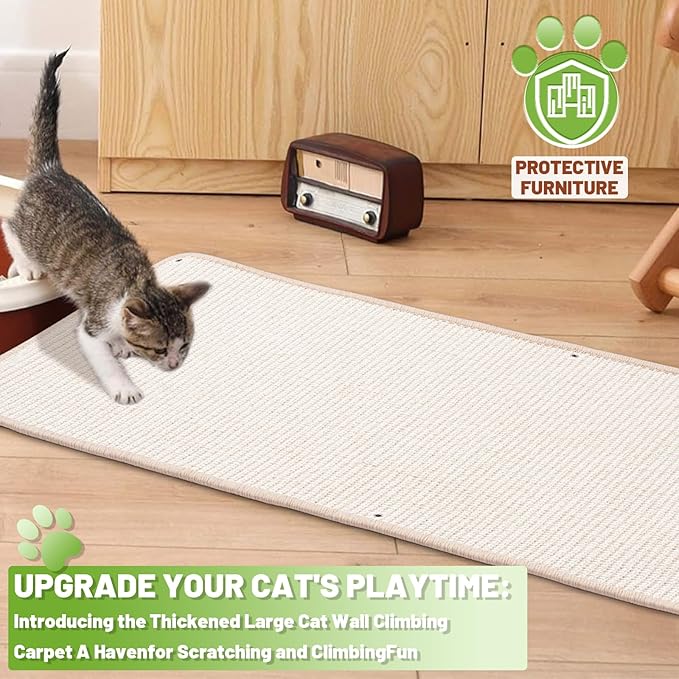Natural Sisal Cat Scratcher Mat, Wall Scratcher Carpet, Cat Climbing Wall, Large Tall Scratching Post, Sofa Protector, Scratching Mat Pad for Indoor Cats (White, 39.3" Lx15.7 W, 1PC)