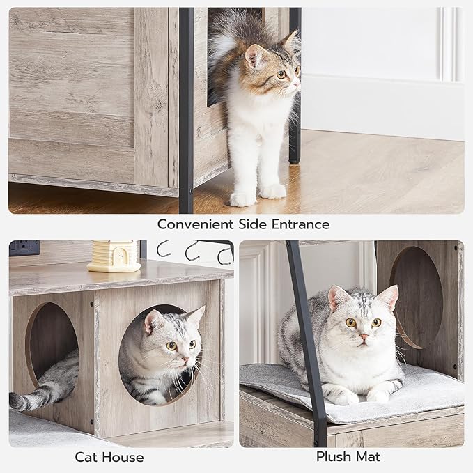 HOOBRO Litter Box Enclosure with 2 Storage Shelves, Tall Litter Box Furniture Hidden with Charging Station, Indoor Hidden Litter Box Furniture with Plush Mat, Greige BG70UMW01
