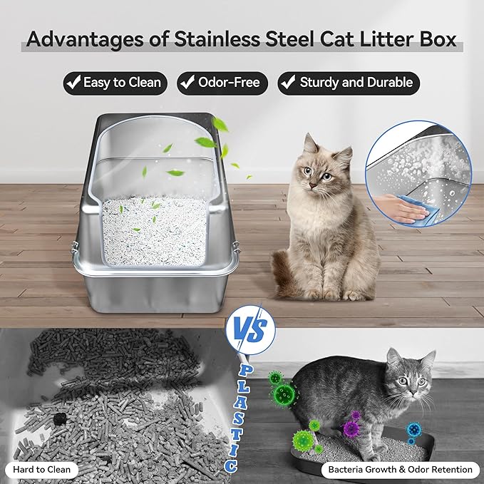 Stainless Steel Litter Box with Metal Lid and Scoop - Enclosed Metal Litter Box for Large Cats, Rust-Resistant, Odor-Control, Easy to Clean, Durable & Long-Lasting with Round Edge (L)