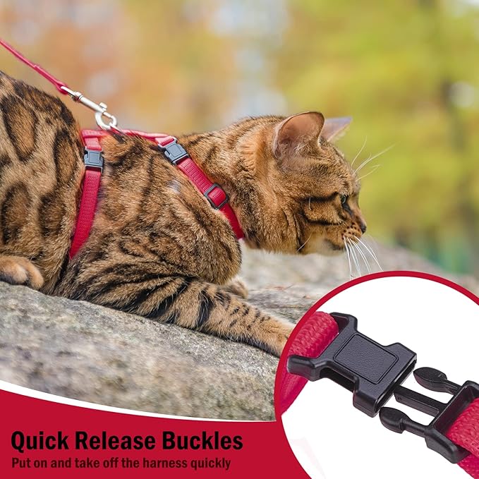 PUPTECK Adjustable Cat Harness and Leash Set Escape Proof Kitten Strap Collar for Walking Travel, Red