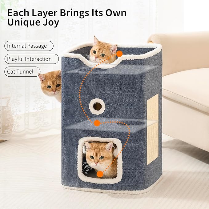 Cat House, Cat Beds for Indoor Cats, 2-Story Cat Condo Cube with Scratch Pad and Fluffy Ball Hanging, Multi-Level Cozy Hideout Ideal for Multiple Cats