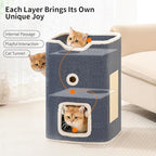 Cat House, Cat Beds for Indoor Cats, 2-Story Cat Condo Cube with Scratch Pad and Fluffy Ball Hanging, Multi-Level Cozy Hideout Ideal for Multiple Cats