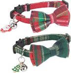 ADOGGYGO Christmas Cat Collars Breakaway with Removable Bow Tie Bell, 2 Pack Red Green Plaid Christmas Bow Collar for Cats Kittens