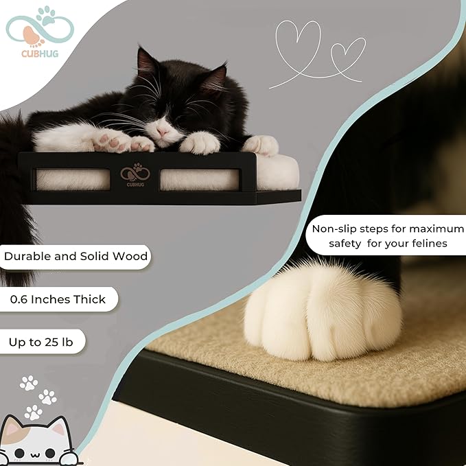 Cat Wall Shelves for Cats & Kitten – Solid Wood Cozy Corner Bed + Cushion with 2 Washable Covers + 3 Wooden Steps, Safe Haven for Indoor Cats, Cat Shelves for Wall, Black