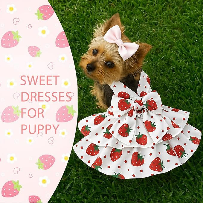 Dog Dress Bowknot Harness Leash Set for Small Dogs Red Strawberry Dog Cat Clothes Cute Puppy Outfits Pet Clothes Spring Summer Breathable Dresses(Samll)