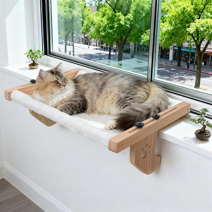 ESPETS Cat Window Sill Perch with Solid Wood & Thick Metal, Sturdy Cat Hammock Beds Window Seats with Soft Cusion Large Cats and Kittens-22.5 Inch