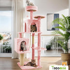 58.5inch Large Cat Tree Tower Condo for Indoor Cats, Soft Plush Multi-Level Climbing Tree Cat House with 1 360° Rotating Cat Cave, Scratching Post, More Entrance/Exit, Sisal Rope, Pink