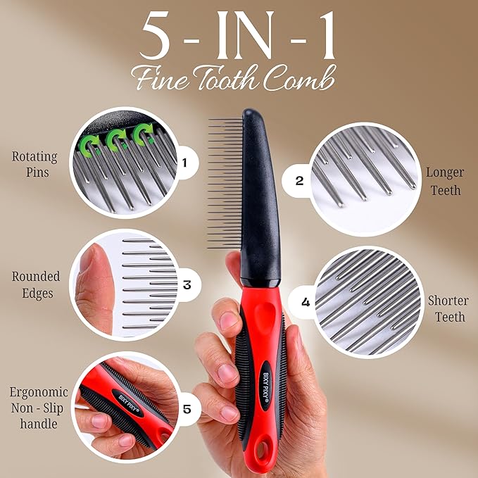 Poodle Comb with Rotating Teeth - 5-in-1 Dog Dematting Tool - Used for Small Size Breeds and Puppies - Cat Comb for Shedding and Deshedding