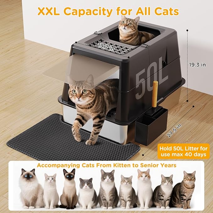 XXL Stainless Steel Litter Box with Lid, 27.5''x19.7''x19.3'', Modular Design & Flip Lid of Closed Metal Litter Box Fit All Cats, Covered High Sided Cat Box, Non-Sticky, Easy to Clean, Black