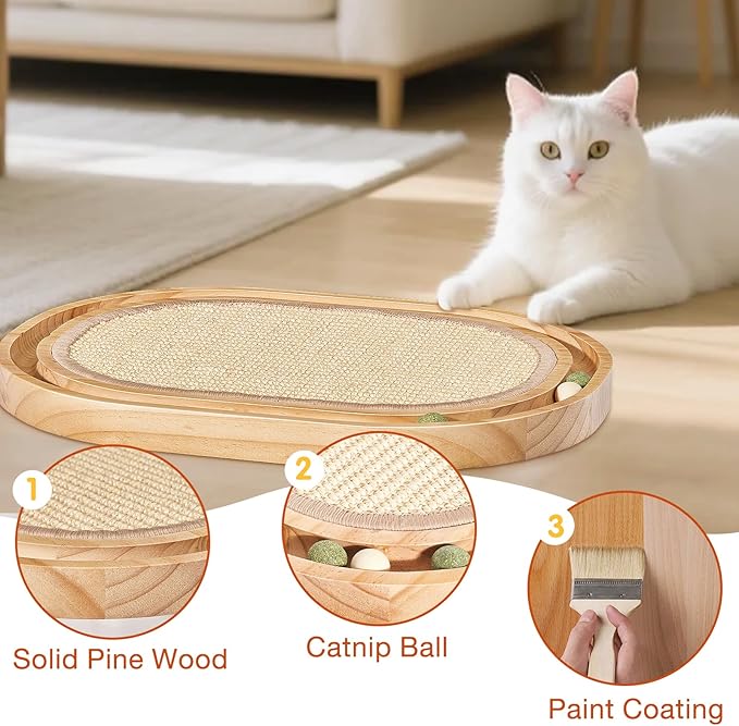 Oval Sisal Cat Scratcher with Ball Track - Woven Sisal Cat Scratching Pad & Interactive Cat Toy, Wooden Track with 3 Toy Balls for Indoor Cats, No Assembly Needed