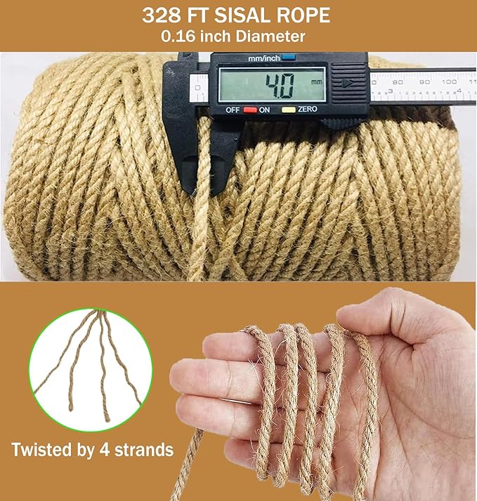 Sisal Rope for Cat Scratcher,Rope for Cat Scratch Post 4mm 328FT Jute Twine for Scratching Post Repairing, Recovering or DIY