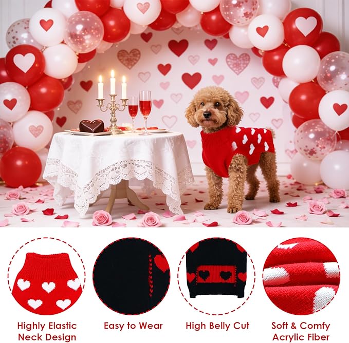 2 Pack Valentines Dog Sweater, Knit Pet Small Dog Sweater Holiday Valentine’s Day Outfit Clothes for Small Medium Large Dogs Pets (Red & Black, Large)