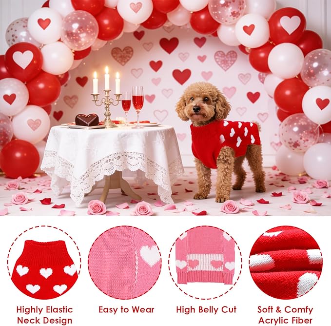 2 Pack Valentines Dog Sweater, Knit Pet Small Dog Sweater Holiday Valentine’s Day Outfit Clothes for Small Medium Large Dogs Pets (Red & Pink, Medium)